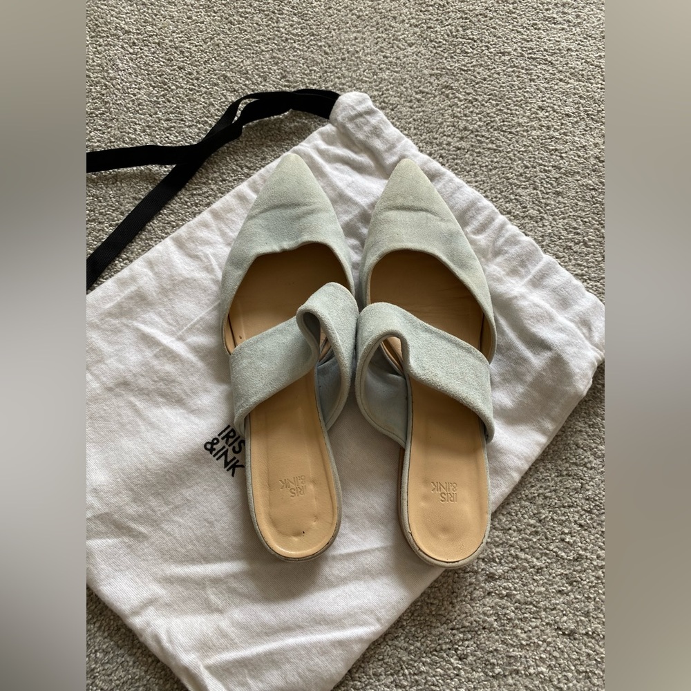 Iris & Ink blue pointed toe suede flats with dust bag, size 40 / 9